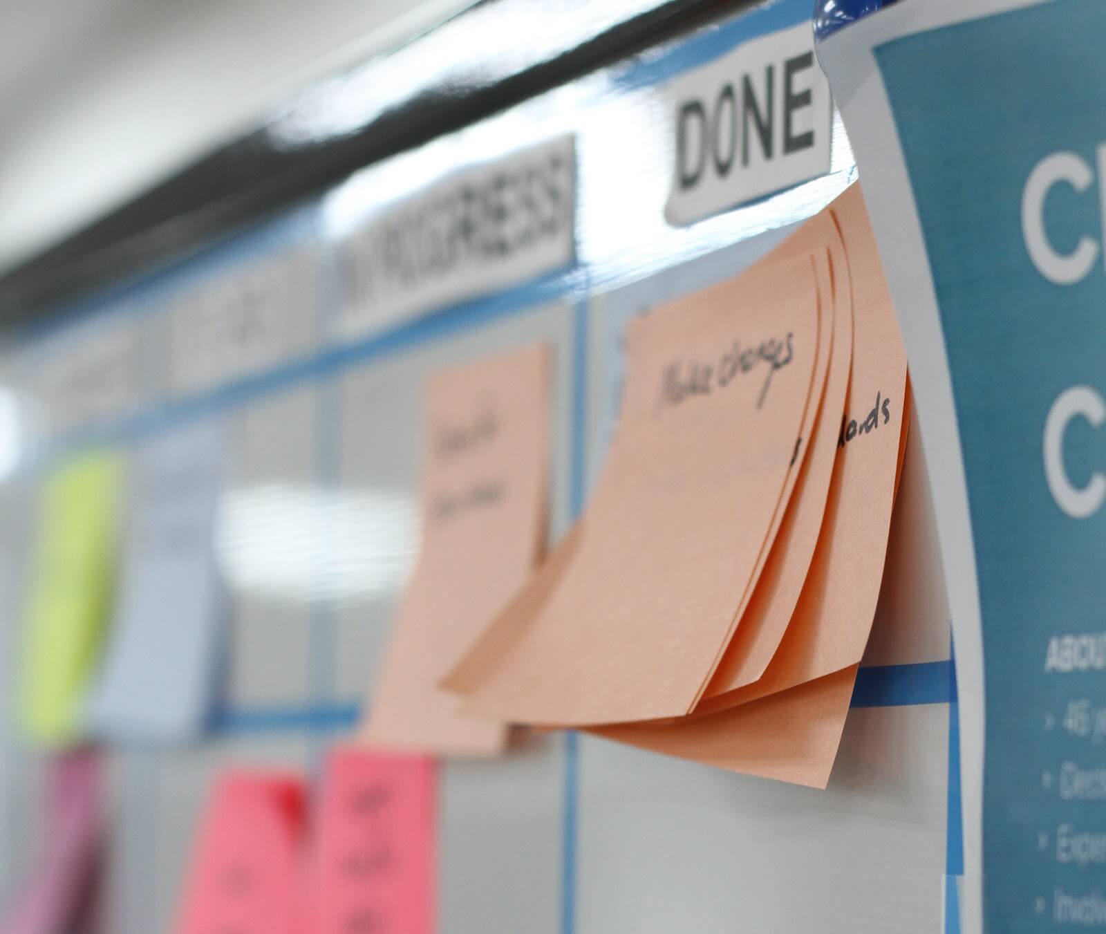 A close-up of the Done column of a Scrum board showing the post-it notes for the completed stories.