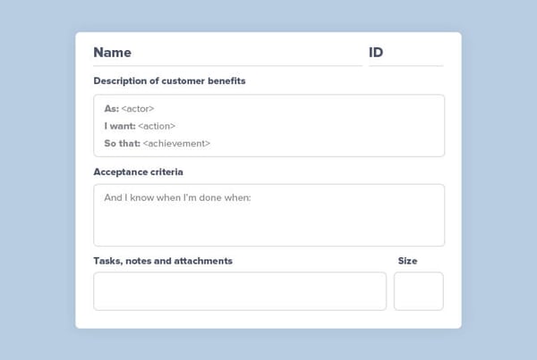 A mock-up of a user story card showing that a user story can include these elements: ID number, Name, Description of the customer benefit, Acceptance criteria, Tasks, notes and attachments, Estimation, Status